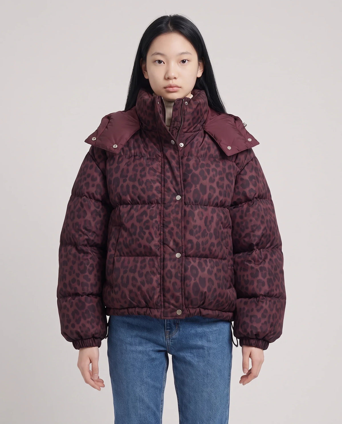 Short Oversized Leopard Puffer Jacket with Detachable Hood