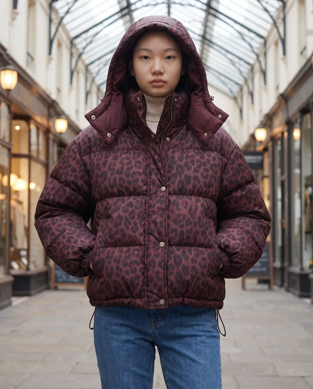 Short Oversized Leopard Puffer Jacket with Detachable Hood