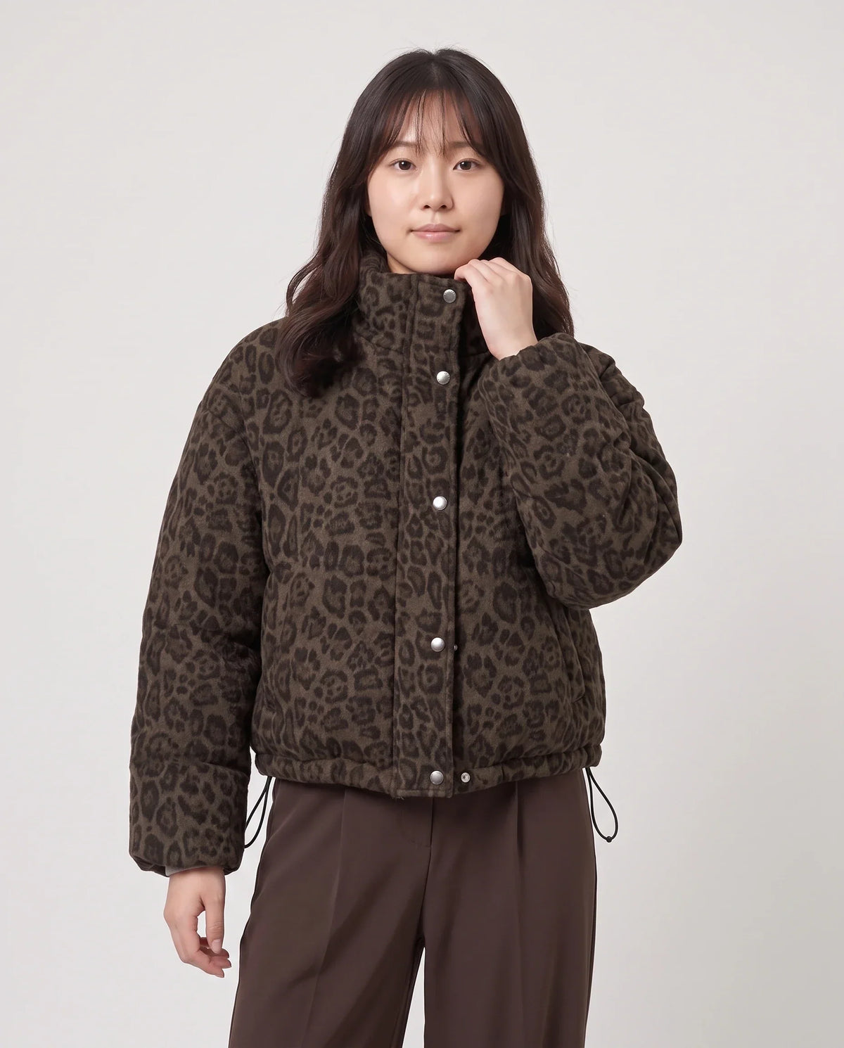 Short Leopard Print Puffer Jacket with Popper Placket