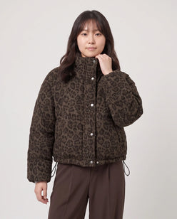 Short Leopard Print Puffer Jacket with Popper Placket