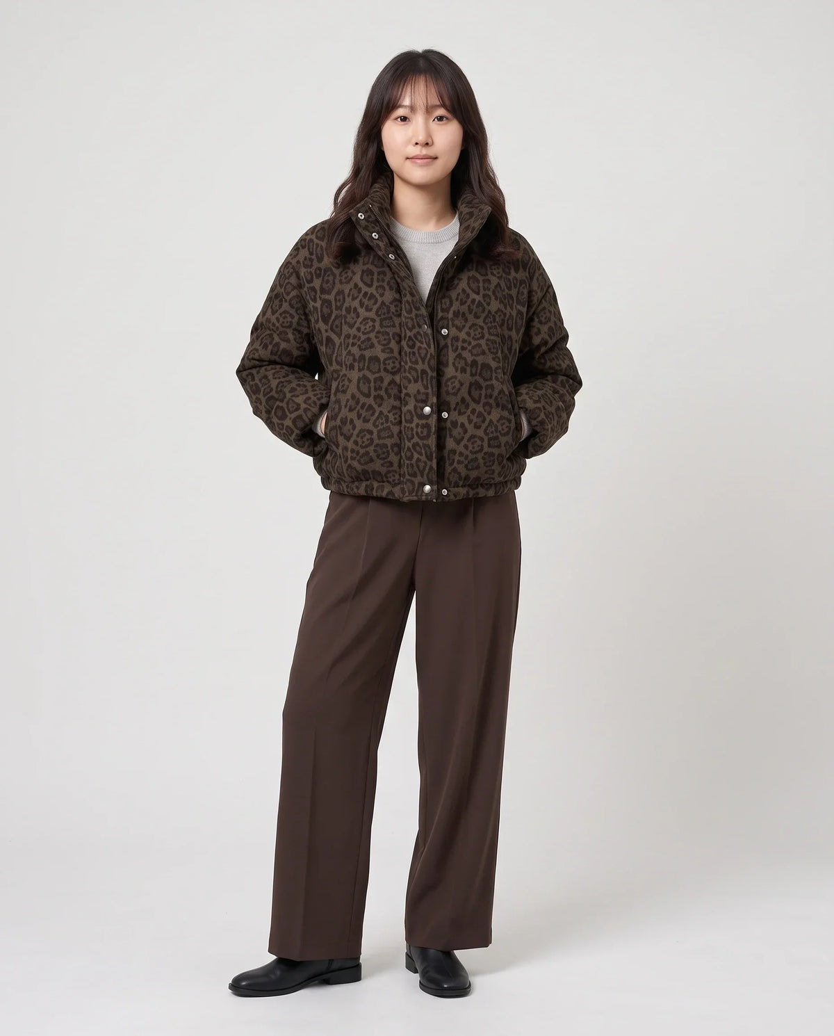 Short Leopard Print Puffer Jacket with Popper Placket