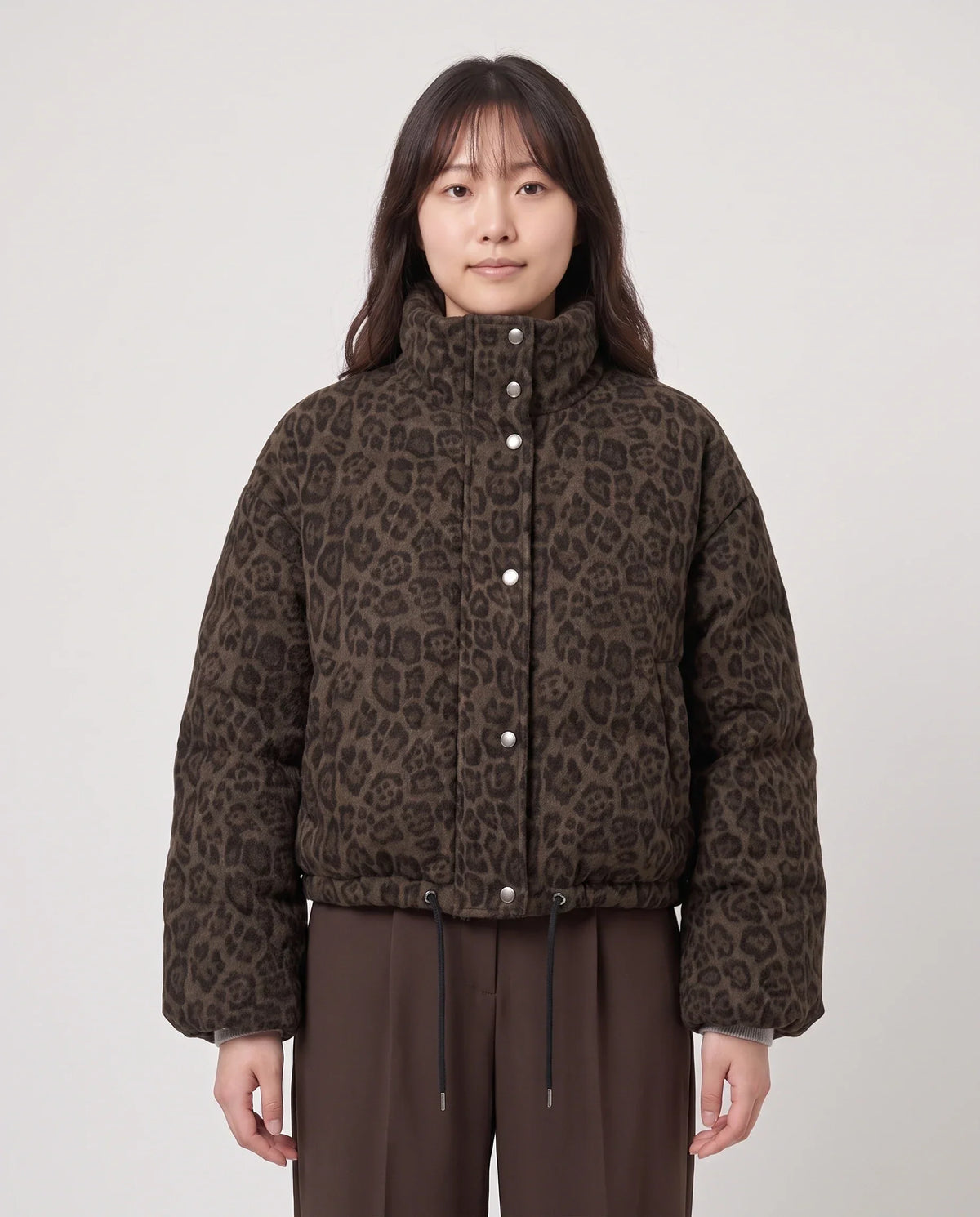 Short Leopard Print Puffer Jacket with Popper Placket