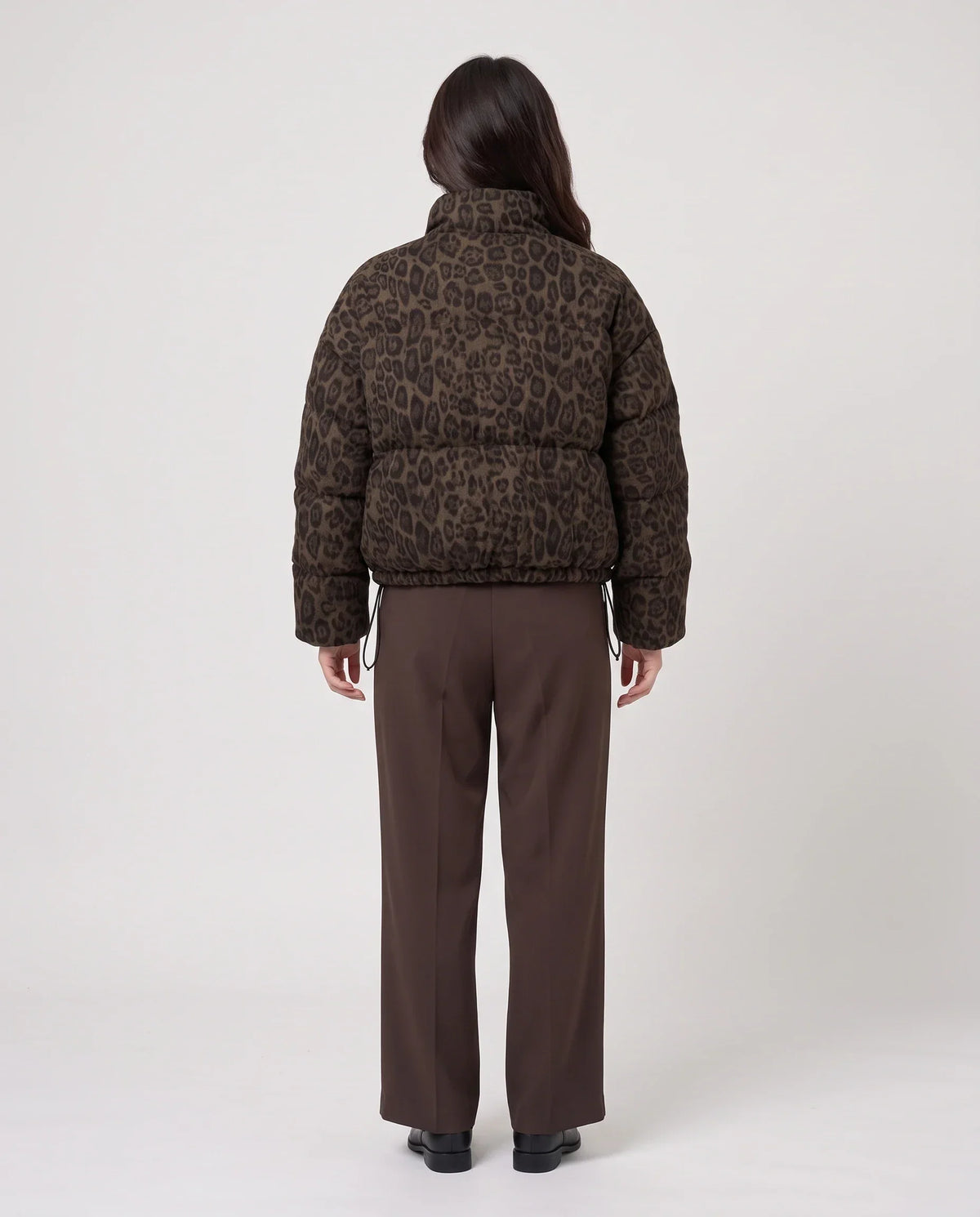 Short Leopard Print Puffer Jacket with Popper Placket