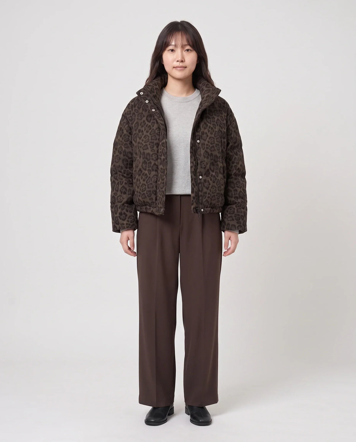 Short Leopard Print Puffer Jacket with Popper Placket