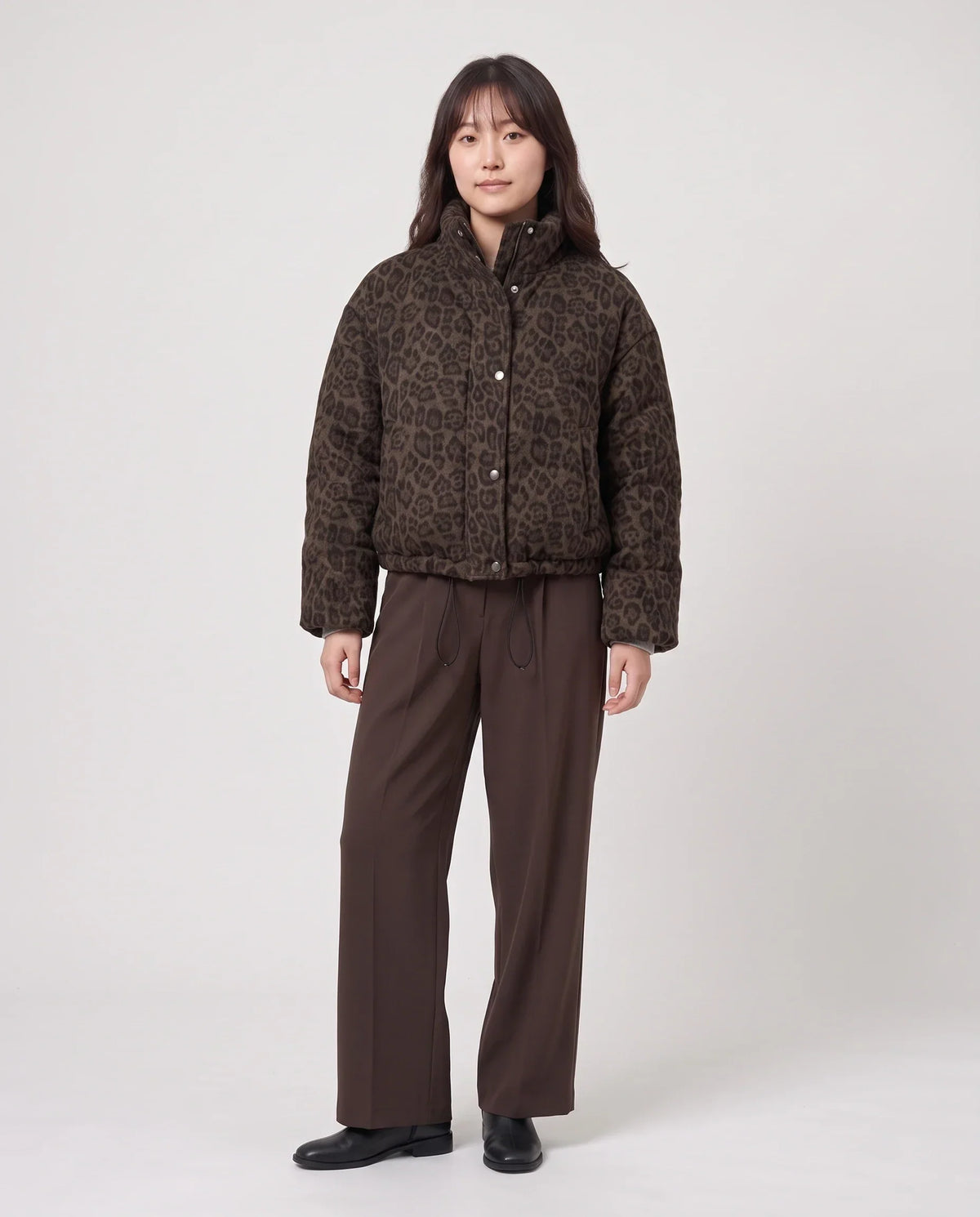 Short Leopard Print Puffer Jacket with Popper Placket