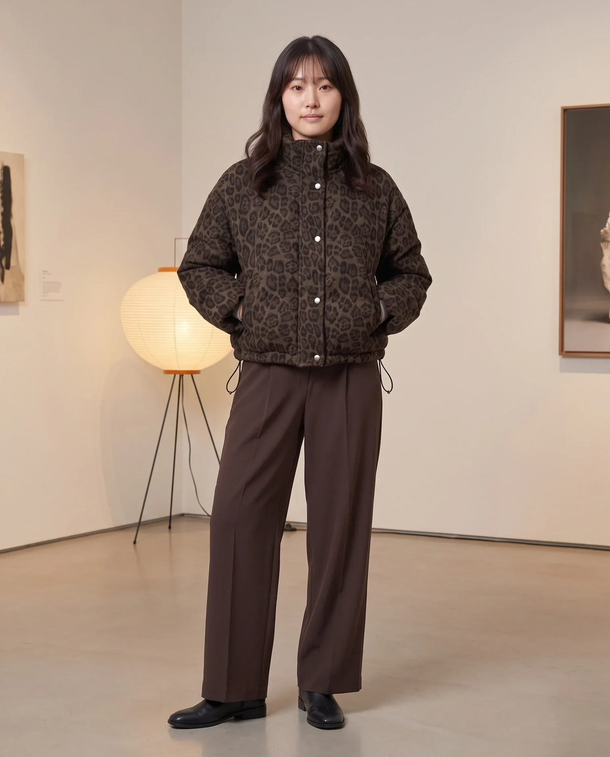 Short Leopard Print Puffer Jacket with Popper Placket
