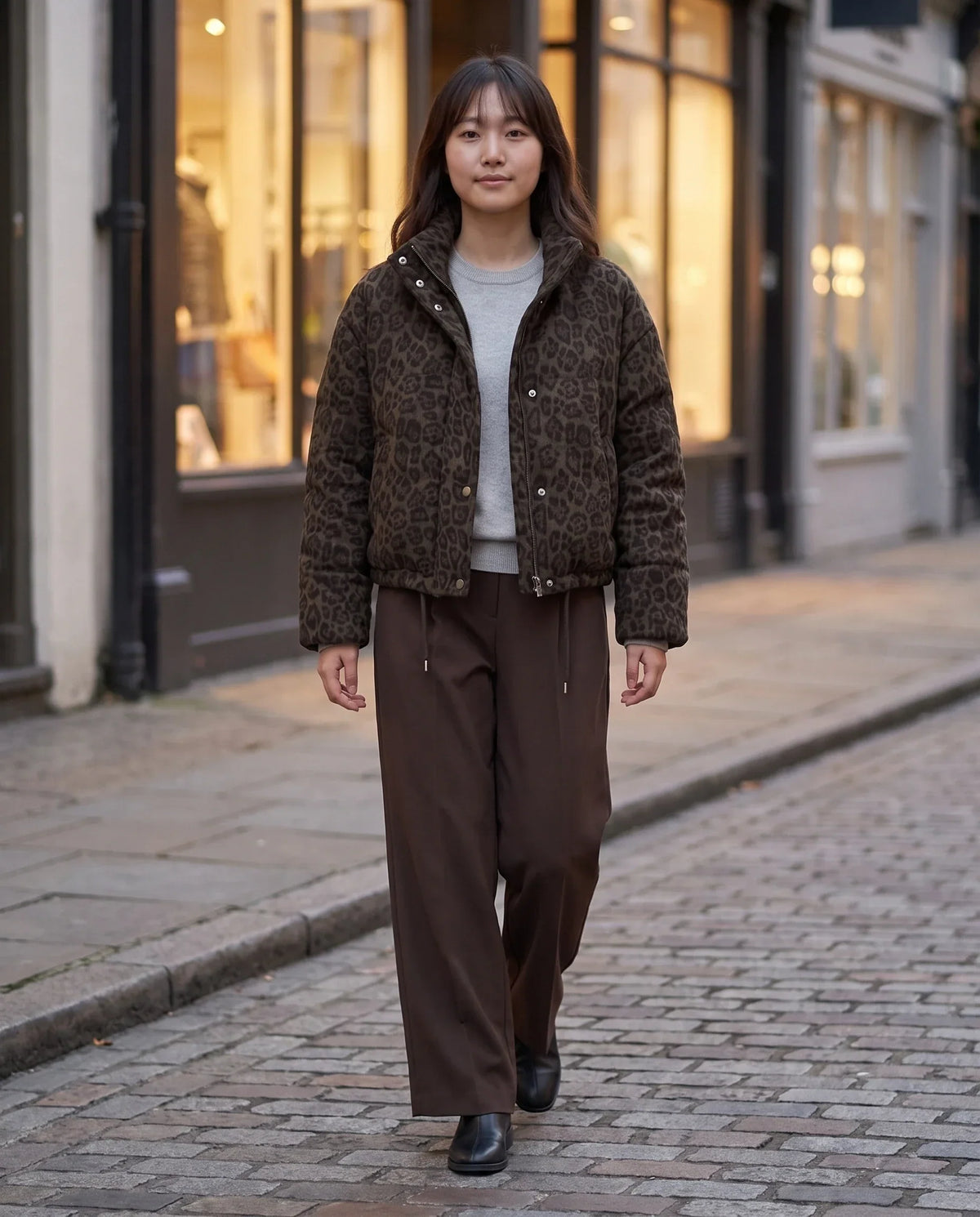 Short Leopard Print Puffer Jacket with Popper Placket