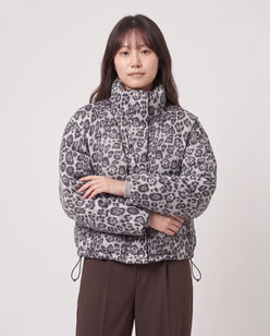 Short Leopard Print Puffer Jacket with Popper Placket