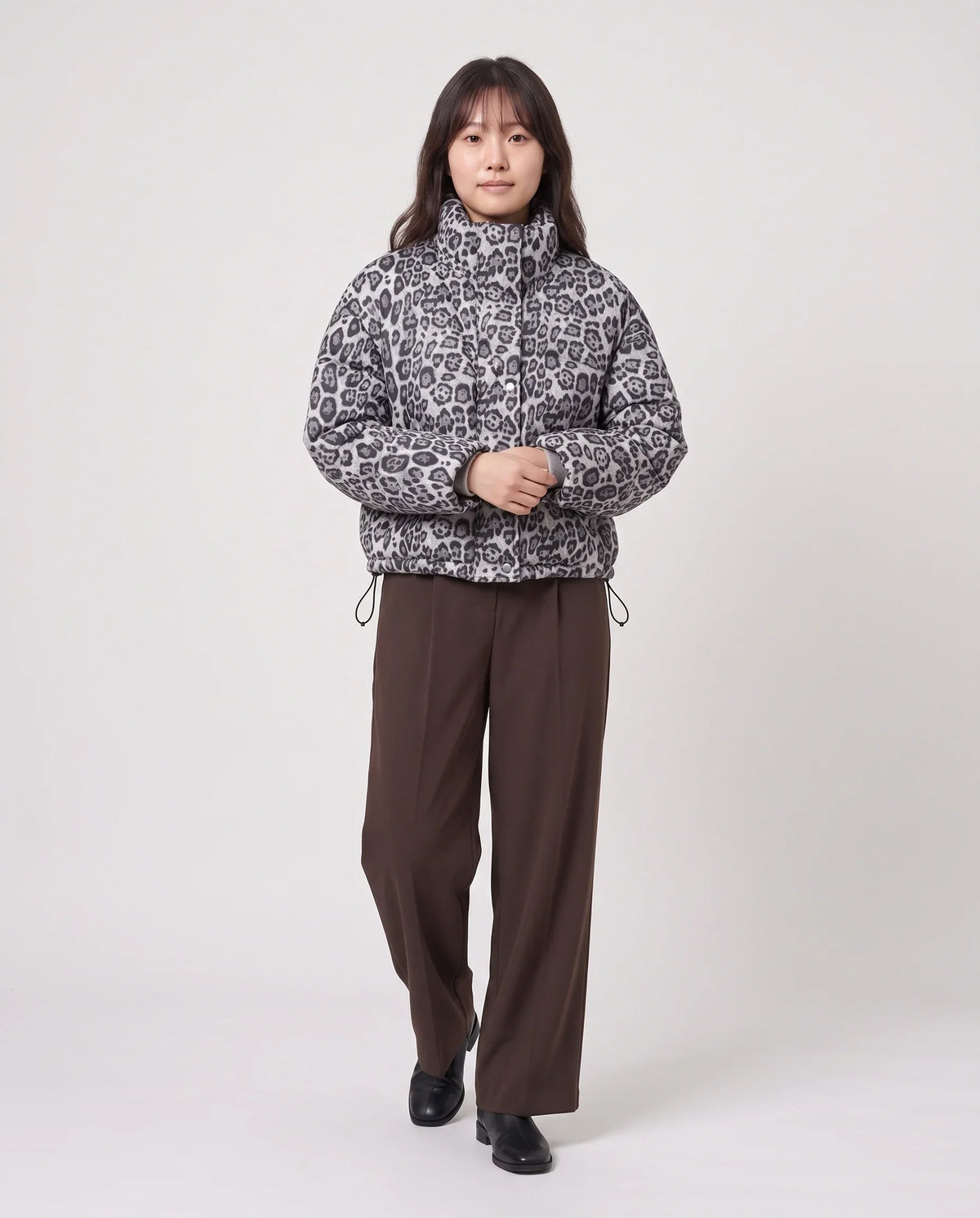Short Leopard Print Puffer Jacket with Popper Placket