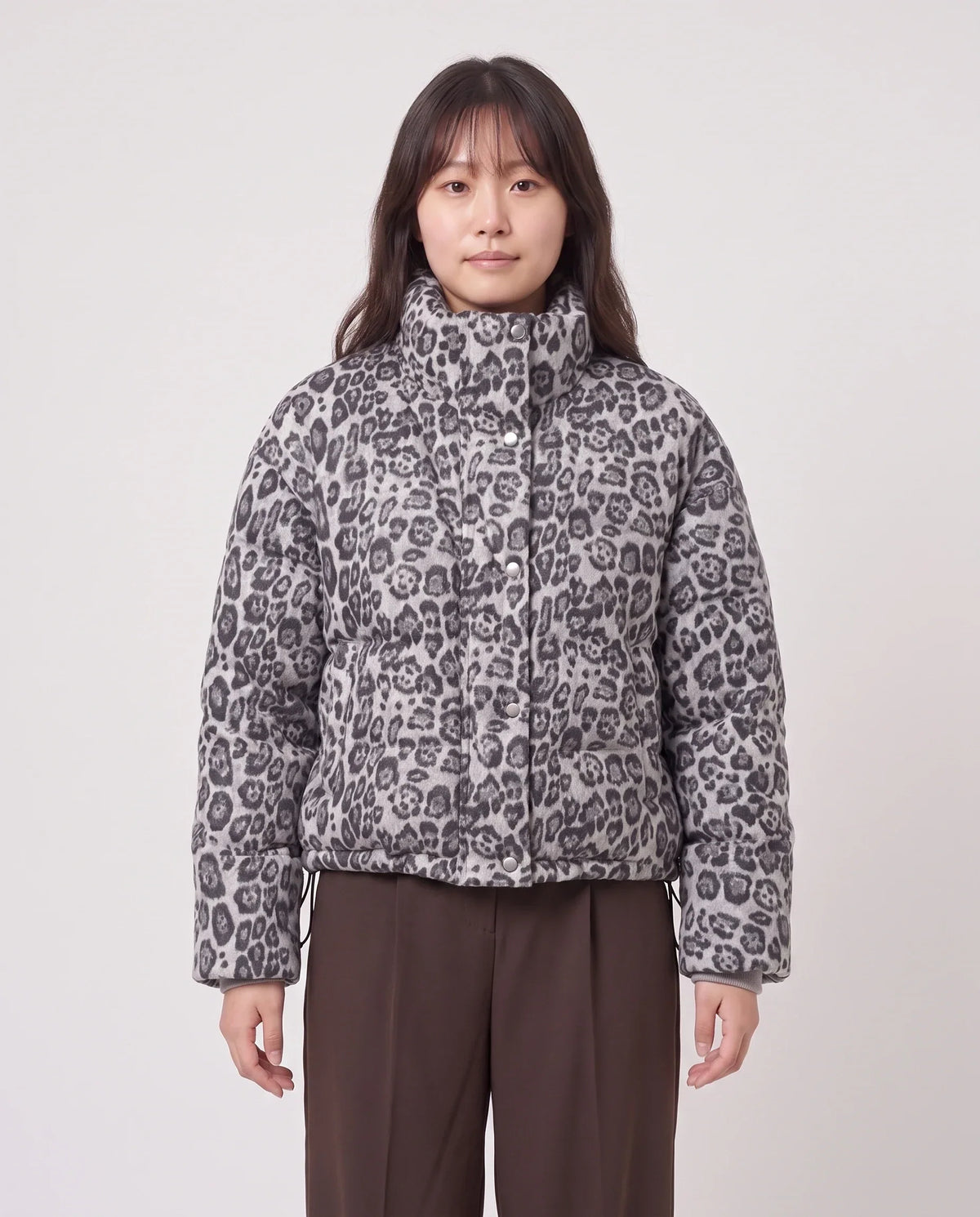 Short Leopard Print Puffer Jacket with Popper Placket