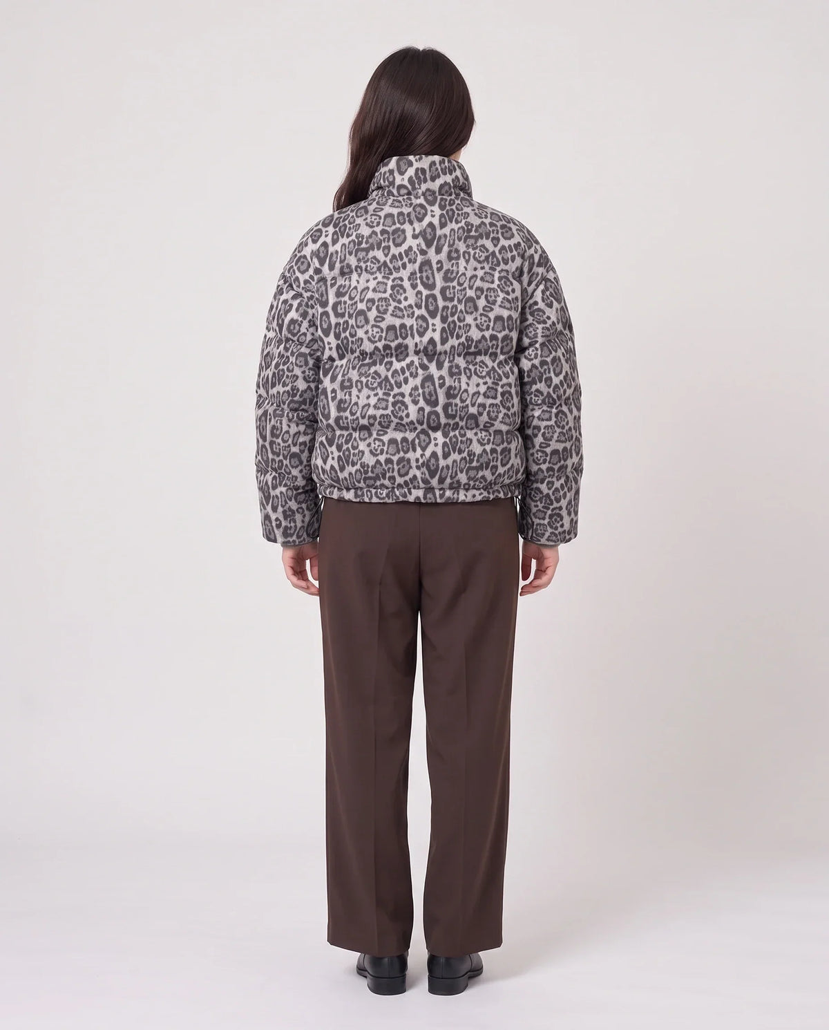Short Leopard Print Puffer Jacket with Popper Placket