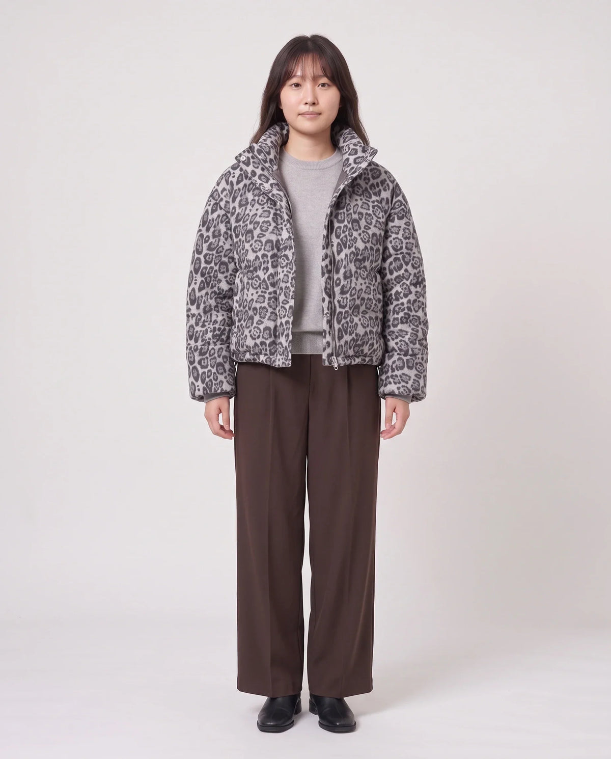 Short Leopard Print Puffer Jacket with Popper Placket