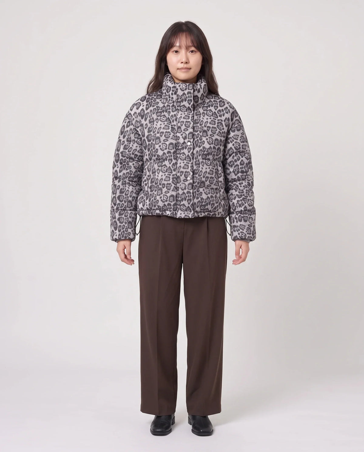 Short Leopard Print Puffer Jacket with Popper Placket