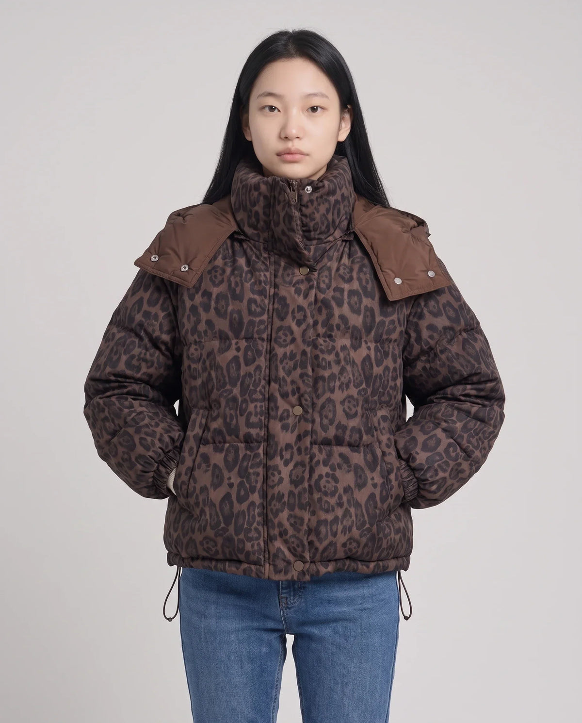 Short Oversized Leopard Puffer Jacket with Detachable Hood