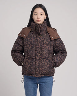 Short Oversized Leopard Puffer Jacket with Detachable Hood