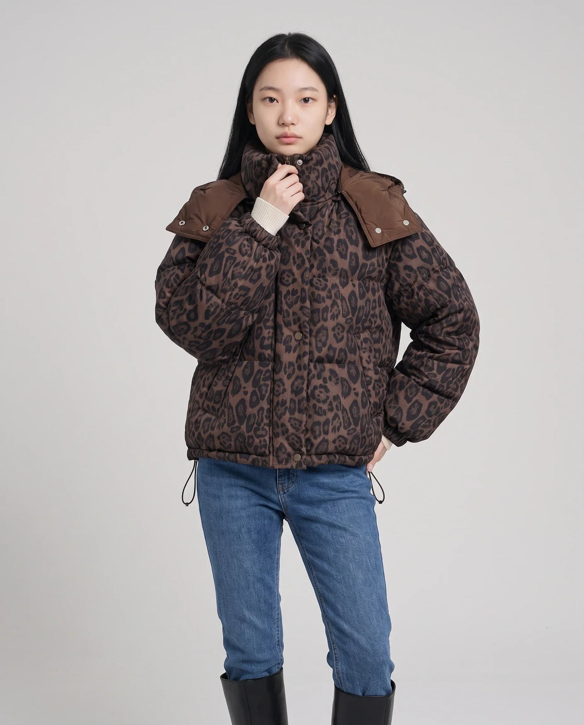 Short Oversized Leopard Puffer Jacket with Detachable Hood