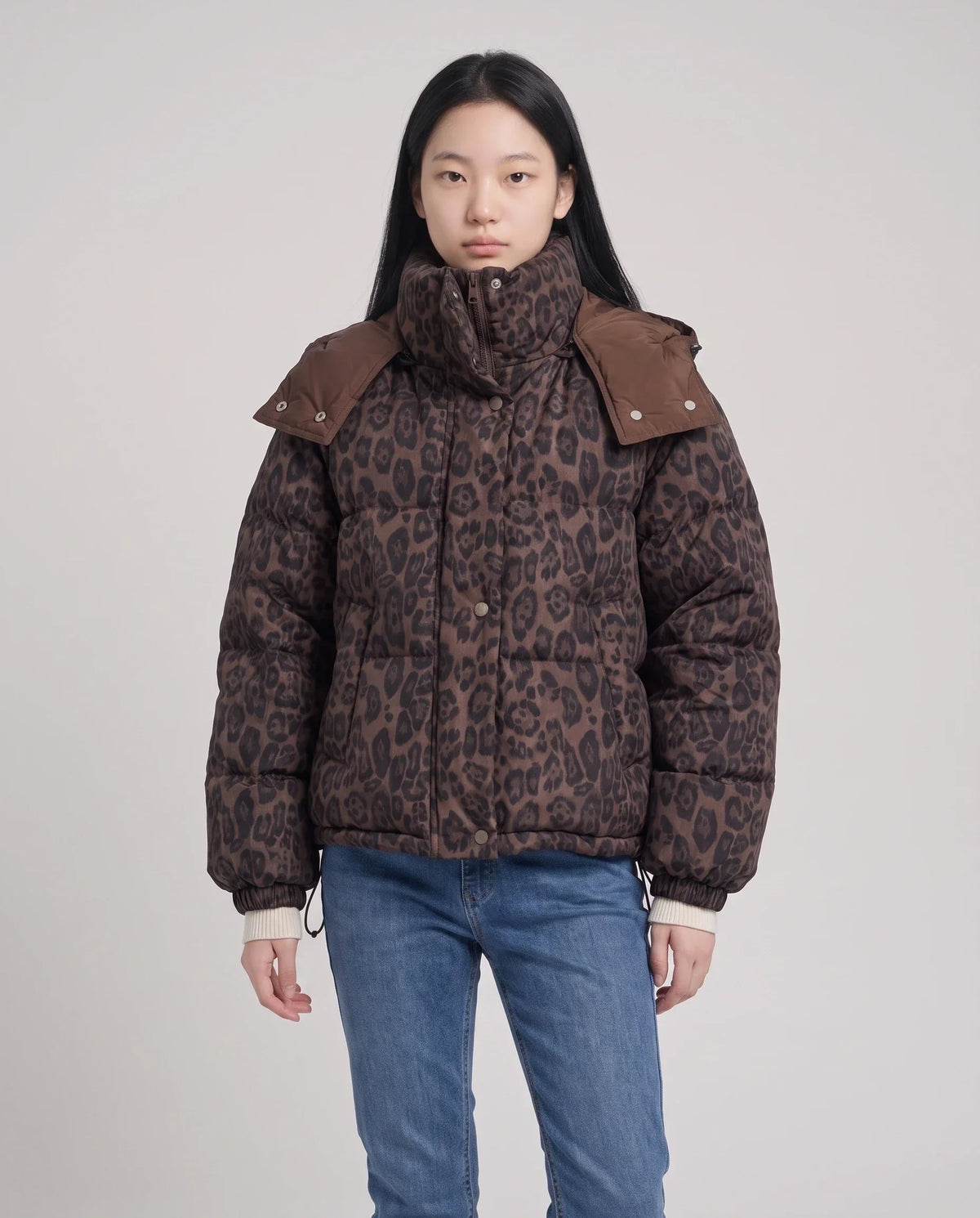 Short Oversized Leopard Puffer Jacket with Detachable Hood