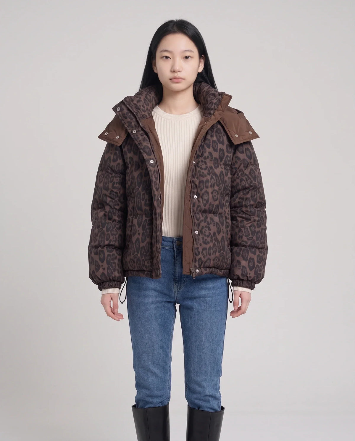 Short Oversized Leopard Puffer Jacket with Detachable Hood