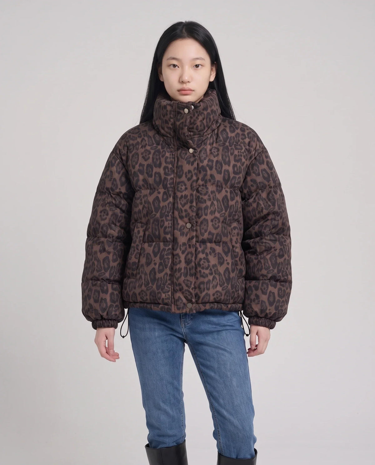 Short Oversized Leopard Puffer Jacket with Detachable Hood