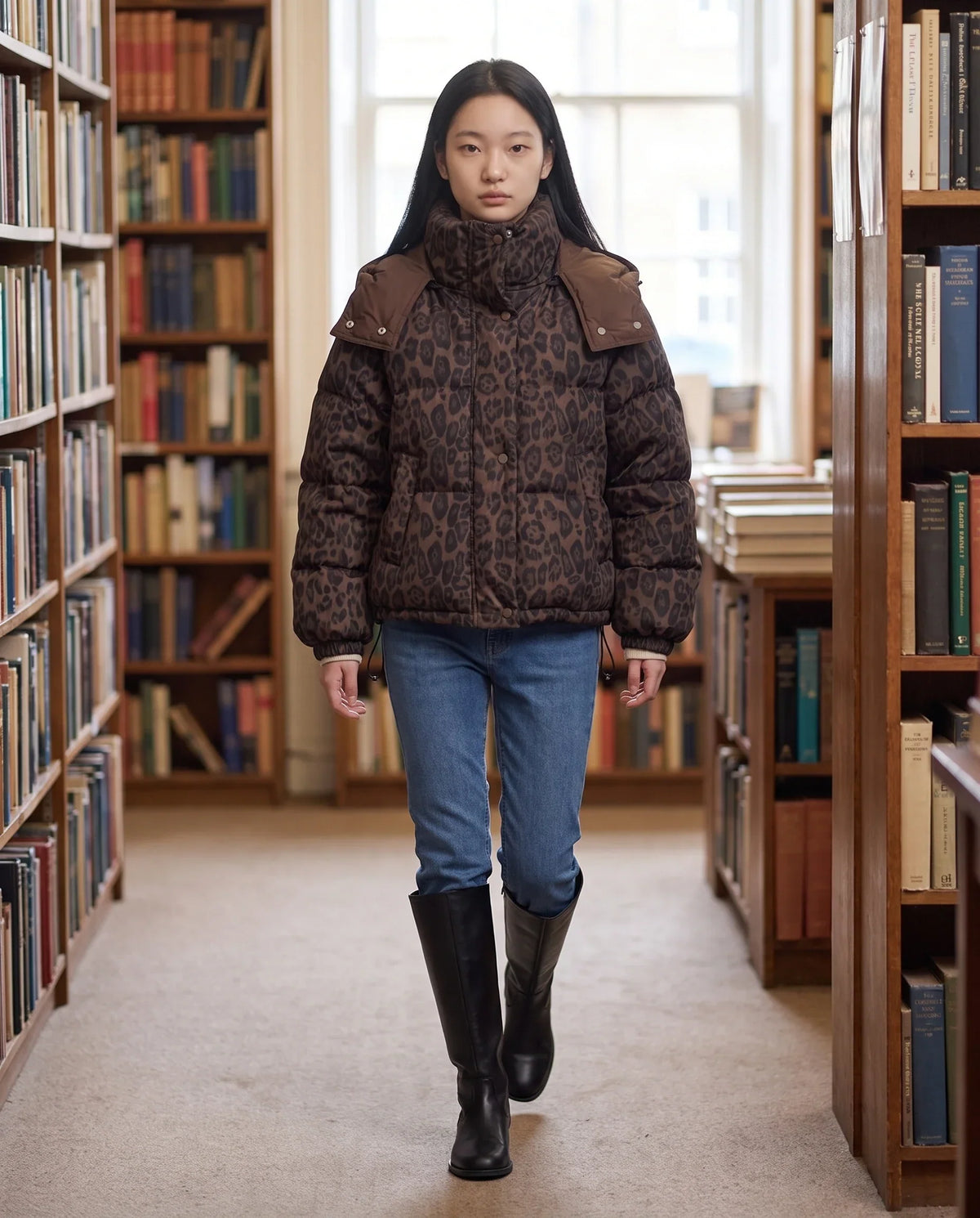 Short Oversized Leopard Puffer Jacket with Detachable Hood