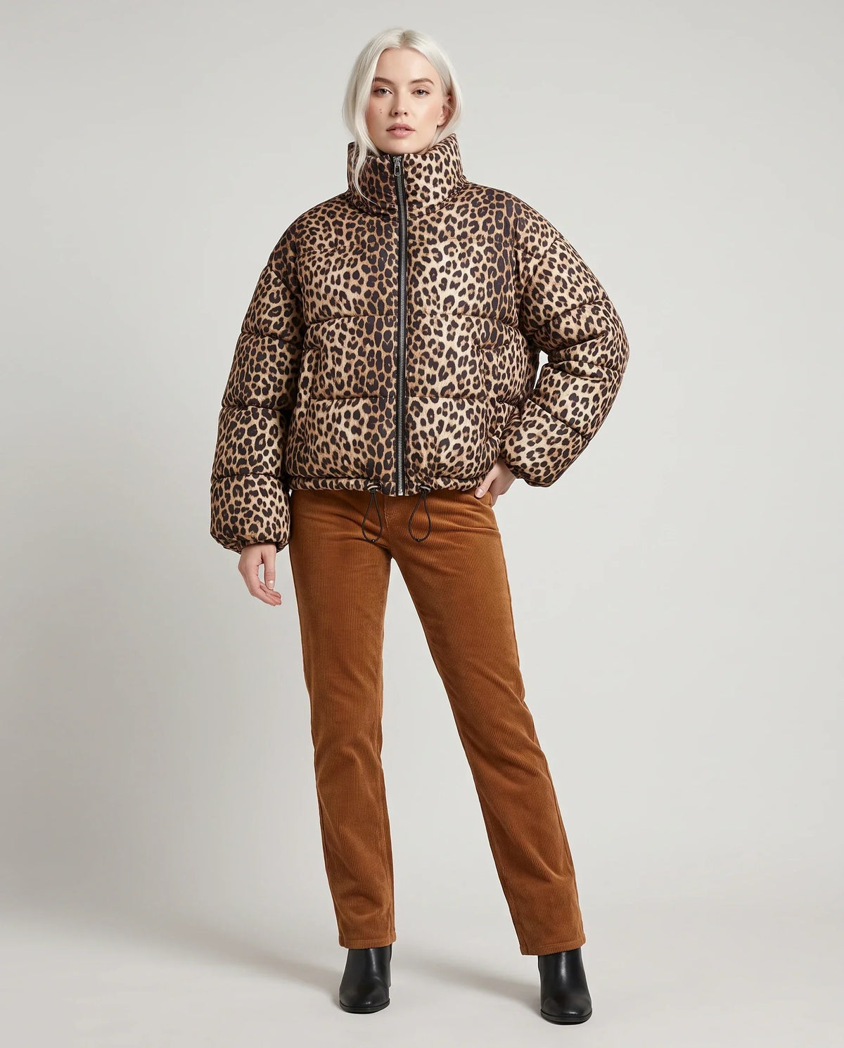 Short Leopard Print Puffer Jacket with Funnel Collar