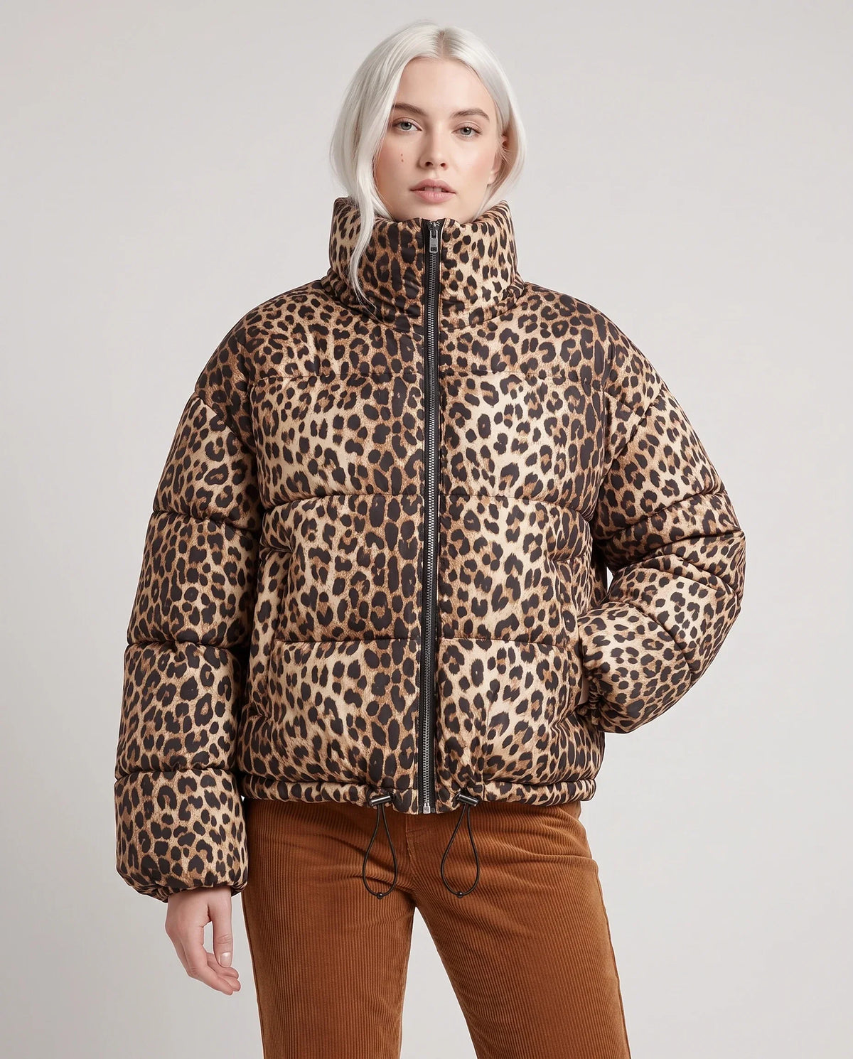 Short Leopard Print Puffer Jacket with Funnel Collar