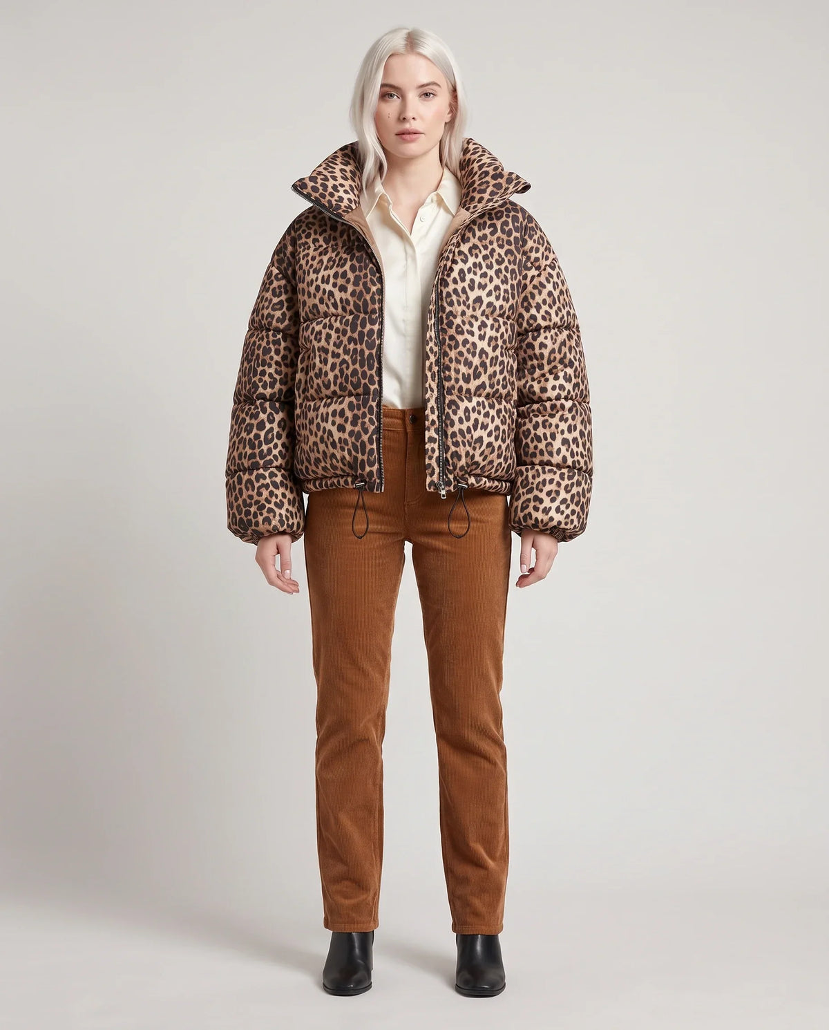Short Leopard Print Puffer Jacket with Funnel Collar