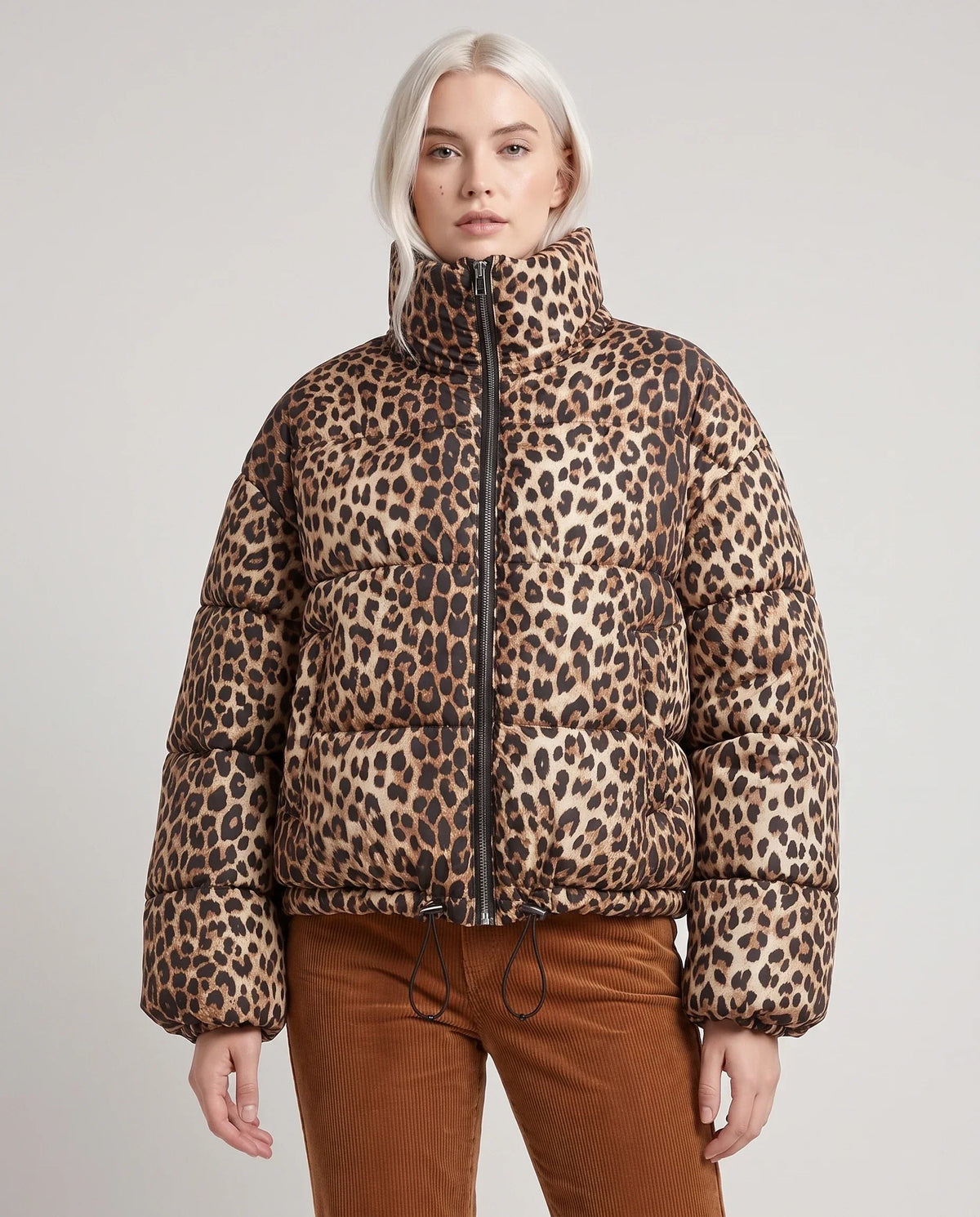 Short Leopard Print Puffer Jacket with Funnel Collar