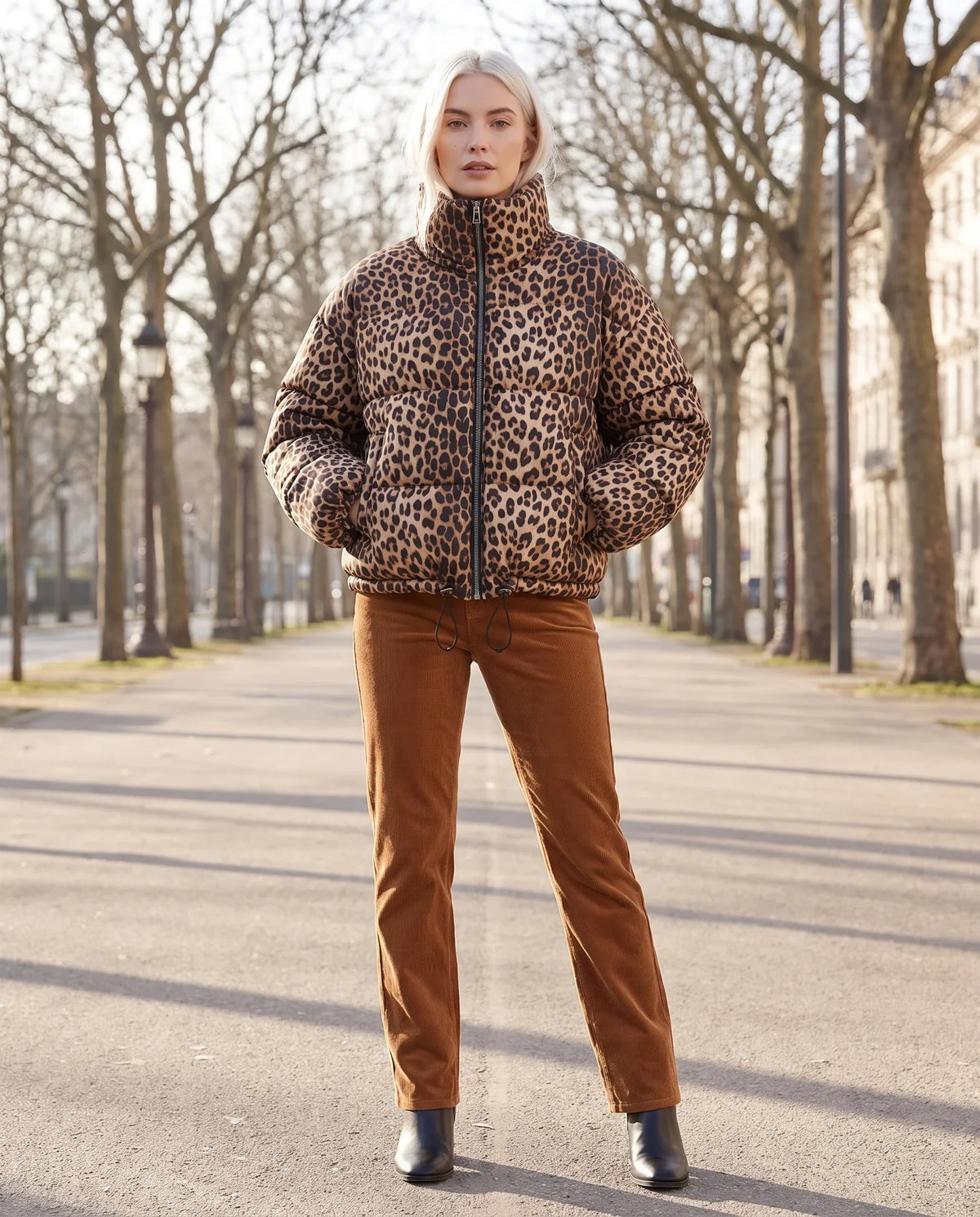 Short Leopard Print Puffer Jacket with Funnel Collar