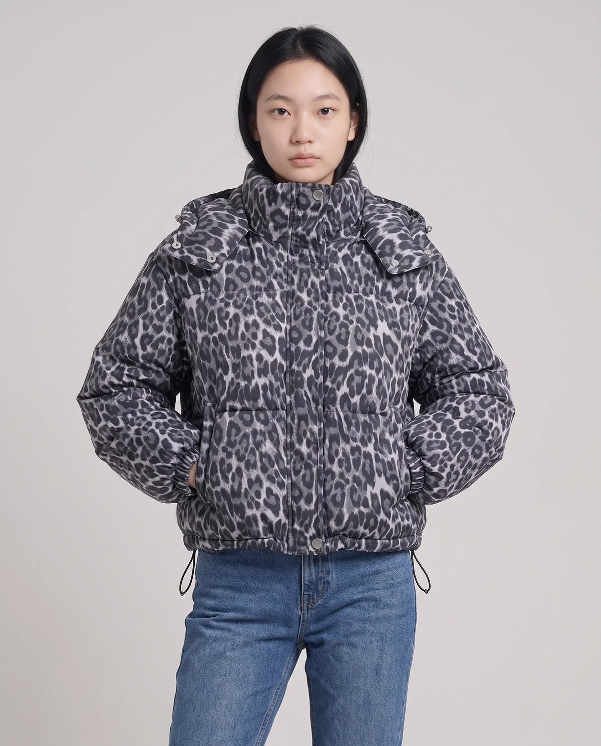 Short Oversized Leopard Puffer Jacket with Detachable Hood
