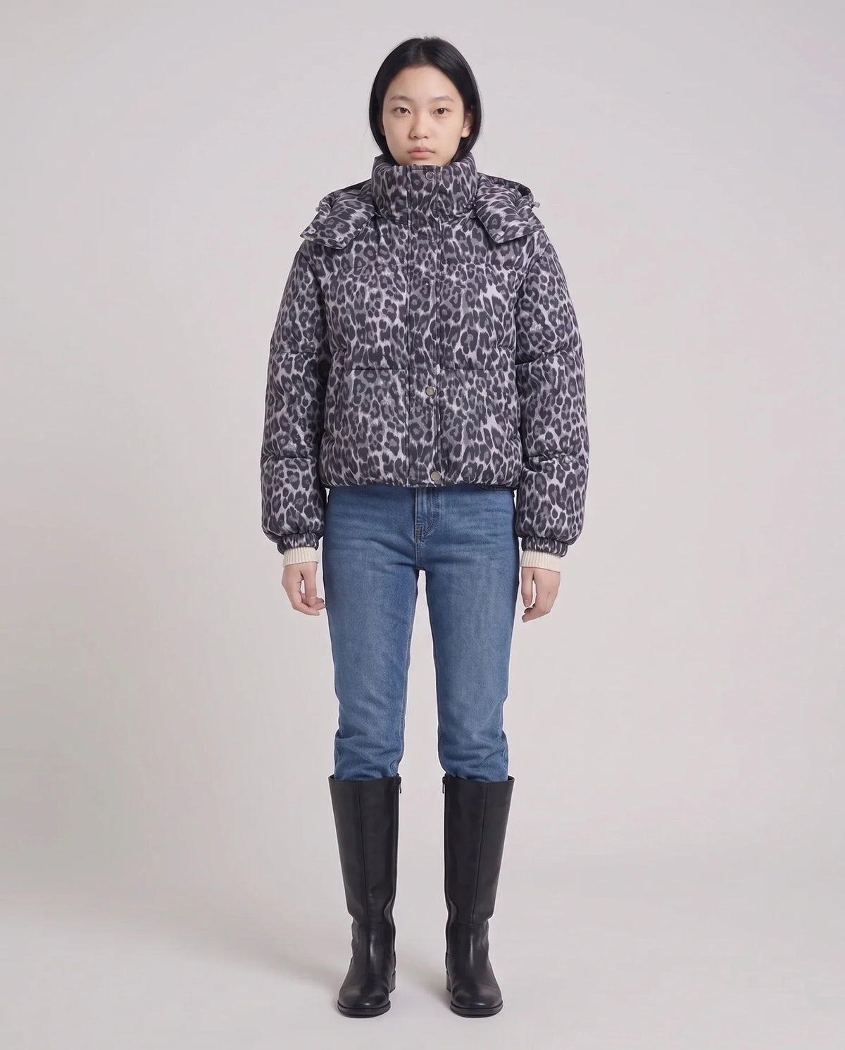Short Oversized Leopard Puffer Jacket with Detachable Hood