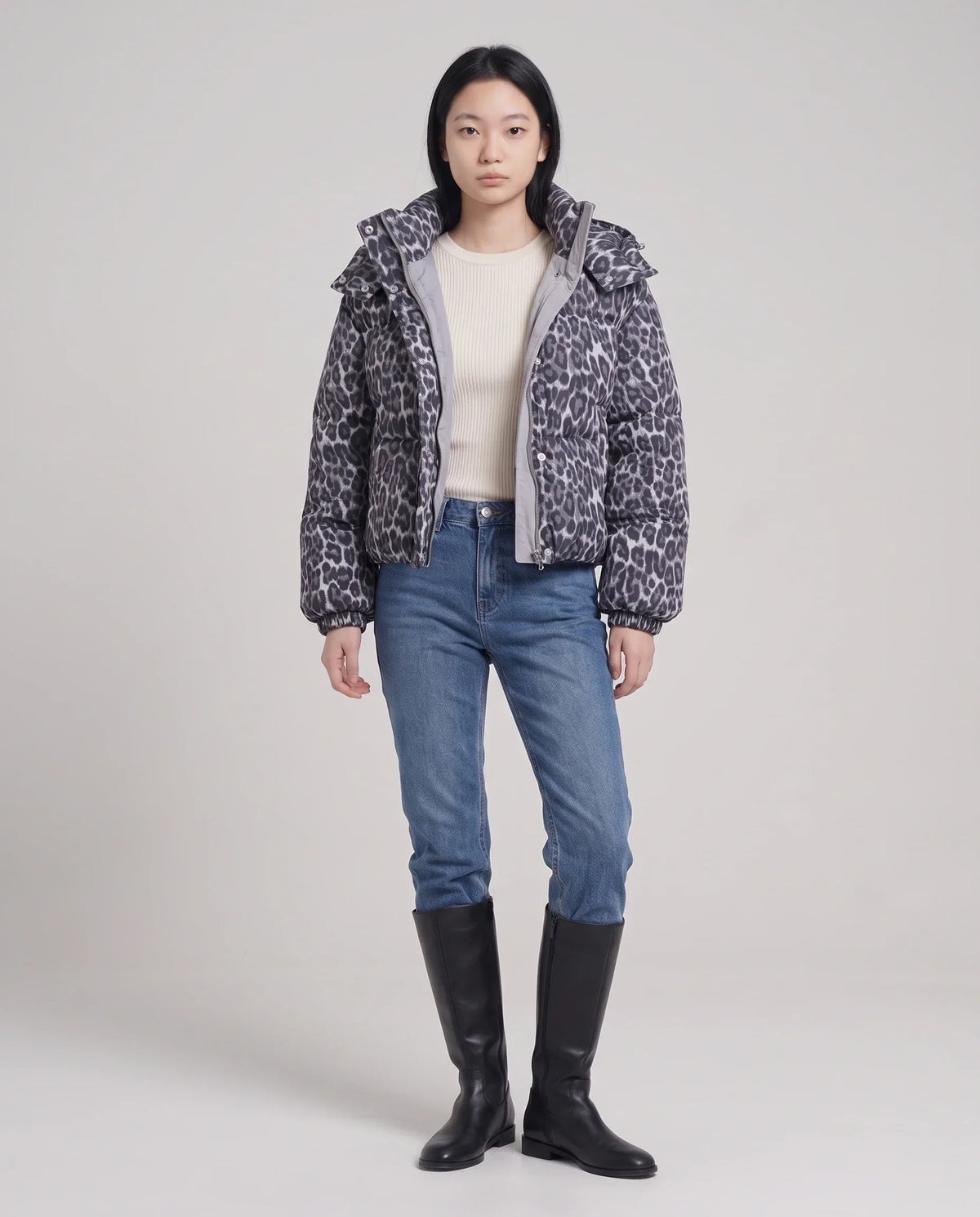 Short Oversized Leopard Puffer Jacket with Detachable Hood
