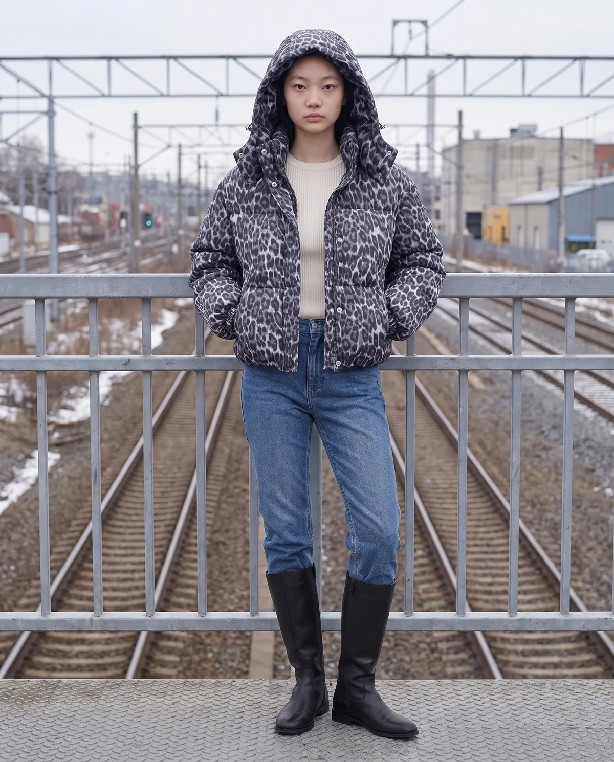 Short Oversized Leopard Puffer Jacket with Detachable Hood