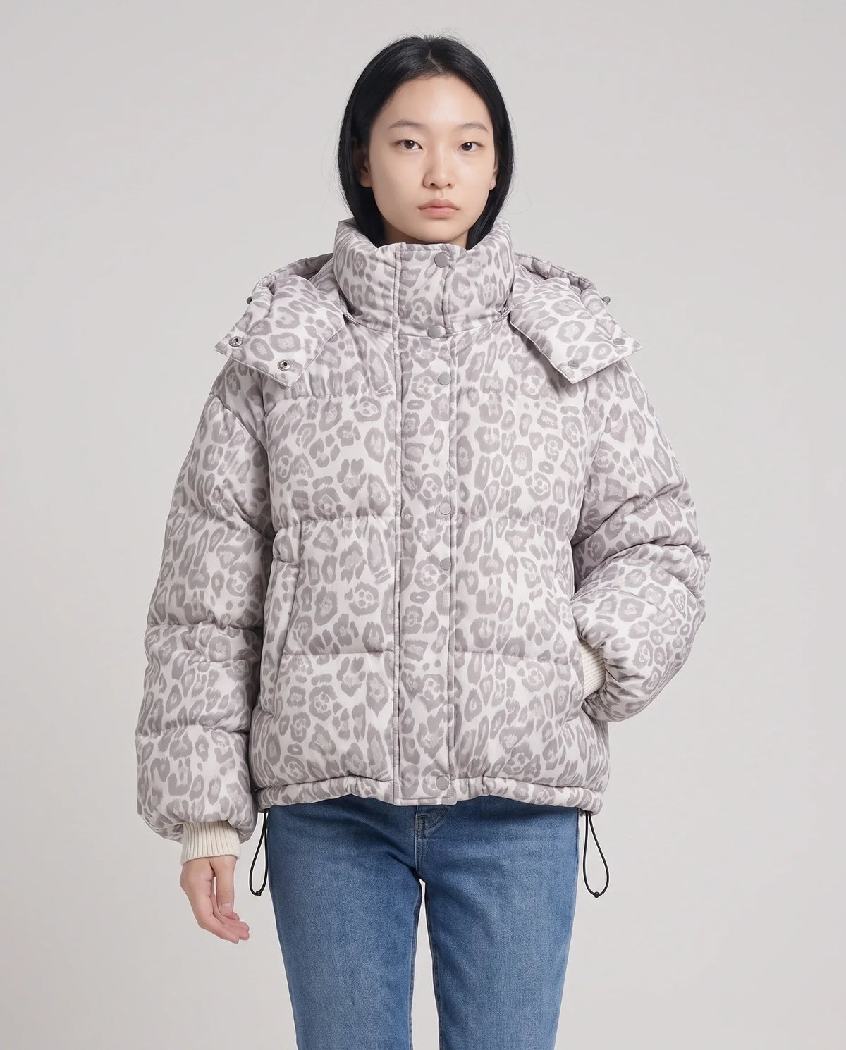 Short Oversized Leopard Puffer Jacket with Detachable Hood