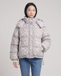Short Oversized Leopard Puffer Jacket with Detachable Hood