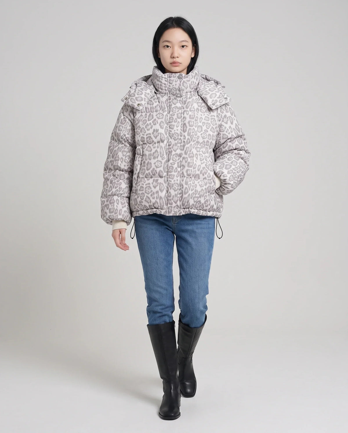 Short Oversized Leopard Puffer Jacket with Detachable Hood