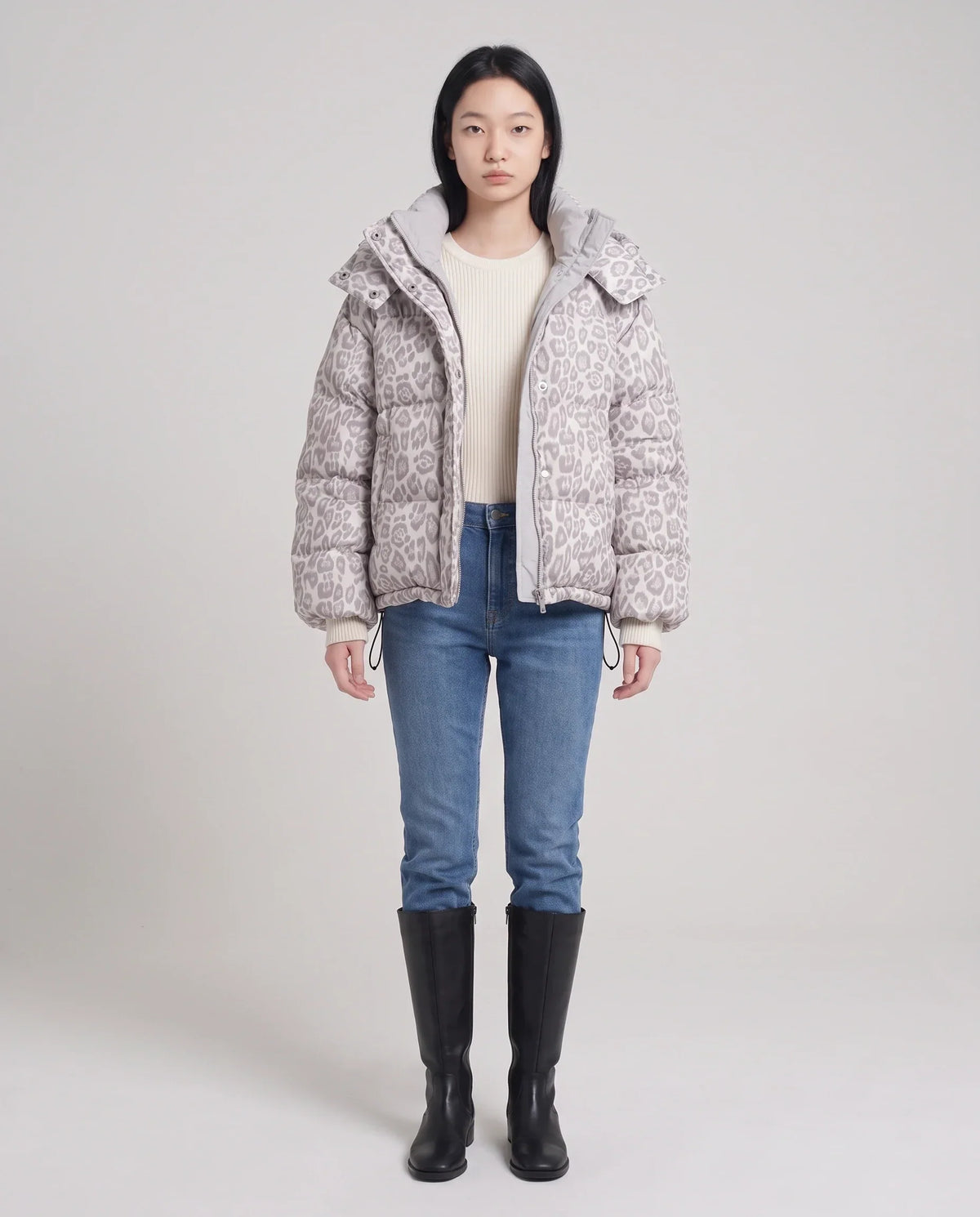 Short Oversized Leopard Puffer Jacket with Detachable Hood