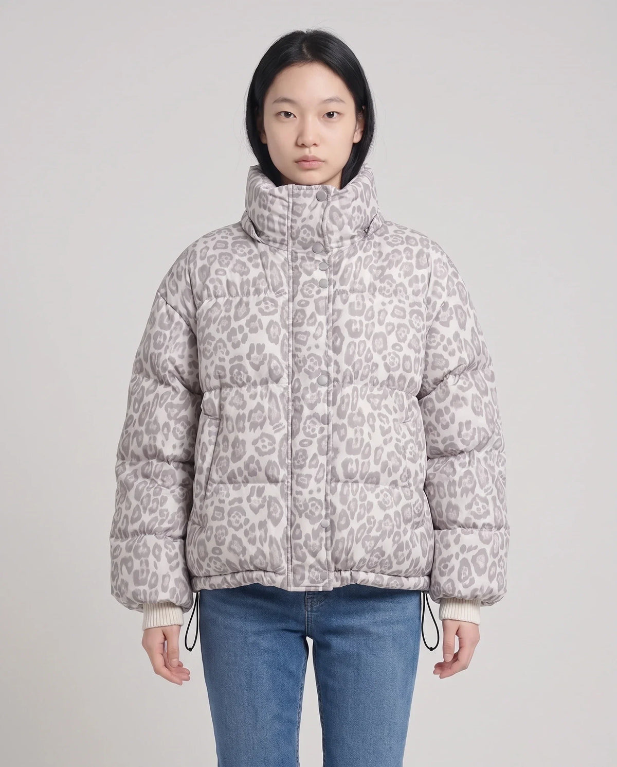 Short Oversized Leopard Puffer Jacket with Detachable Hood