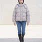 Short Oversized Leopard Puffer Jacket with Detachable Hood
