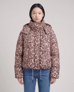 Short Oversized Leopard Puffer Jacket with Detachable Hood