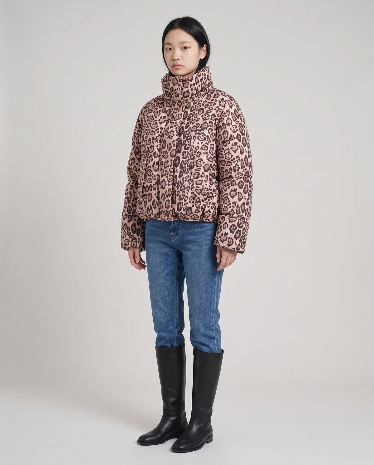 Short Oversized Leopard Puffer Jacket with Detachable Hood