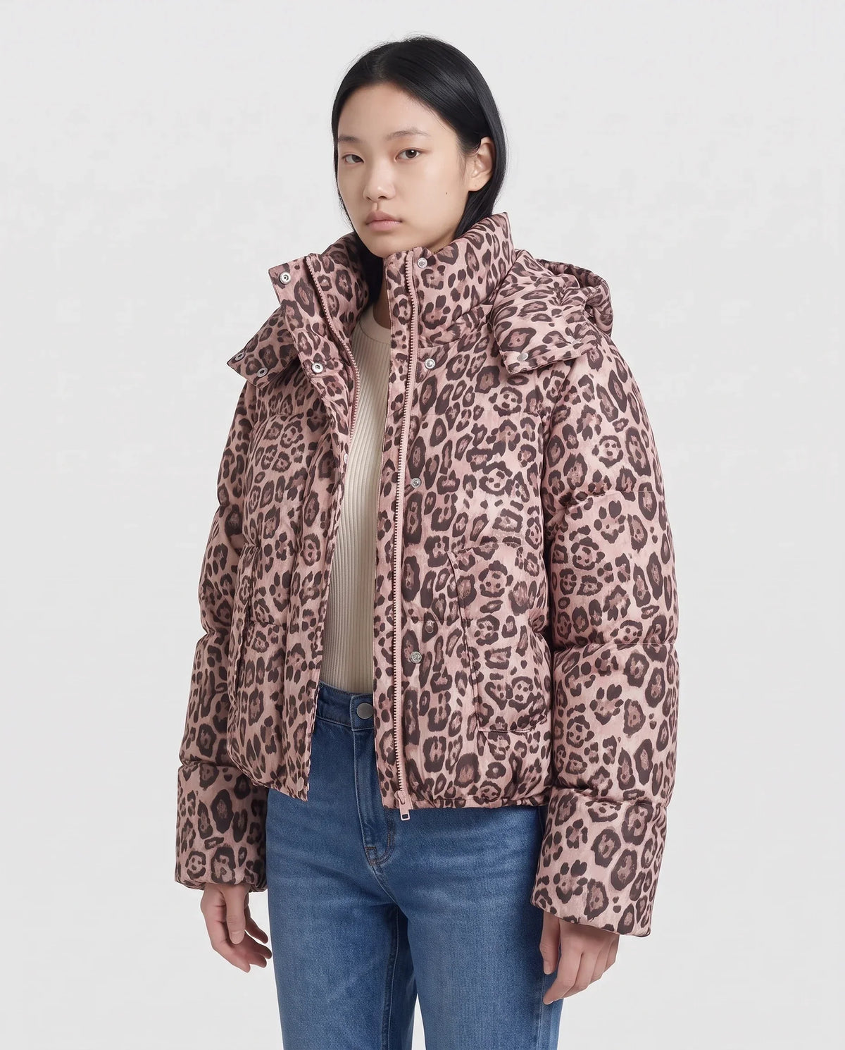 Short Oversized Leopard Puffer Jacket with Detachable Hood