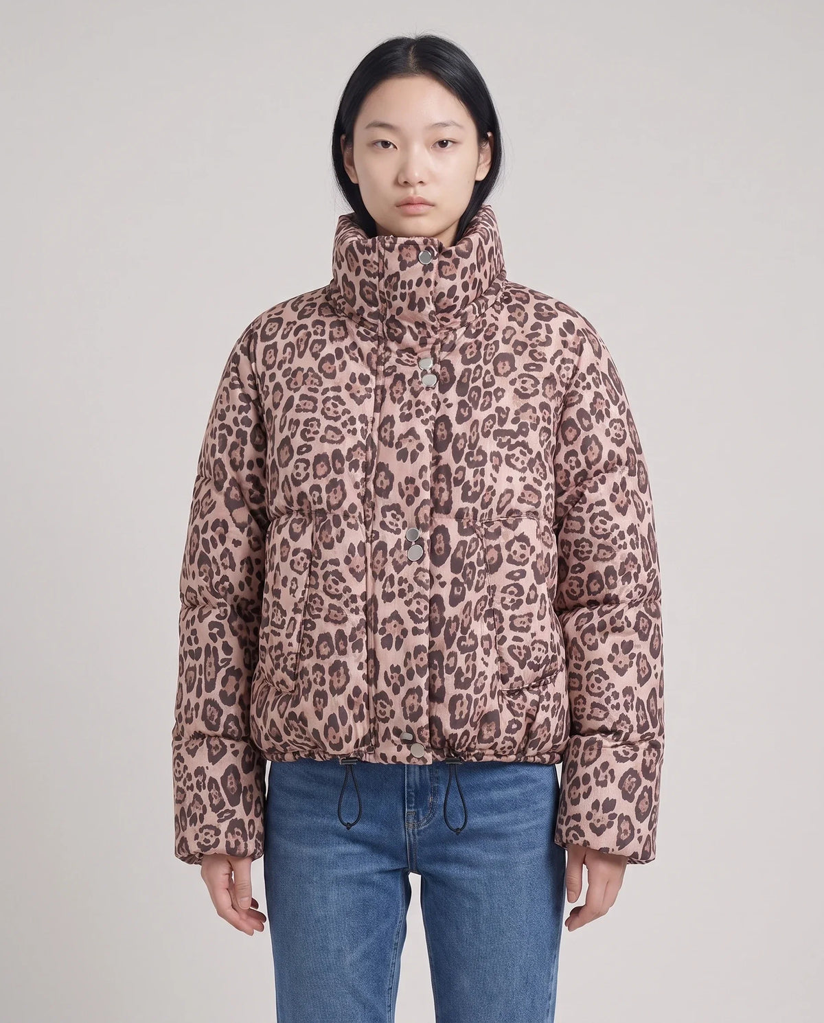 Short Oversized Leopard Puffer Jacket with Detachable Hood