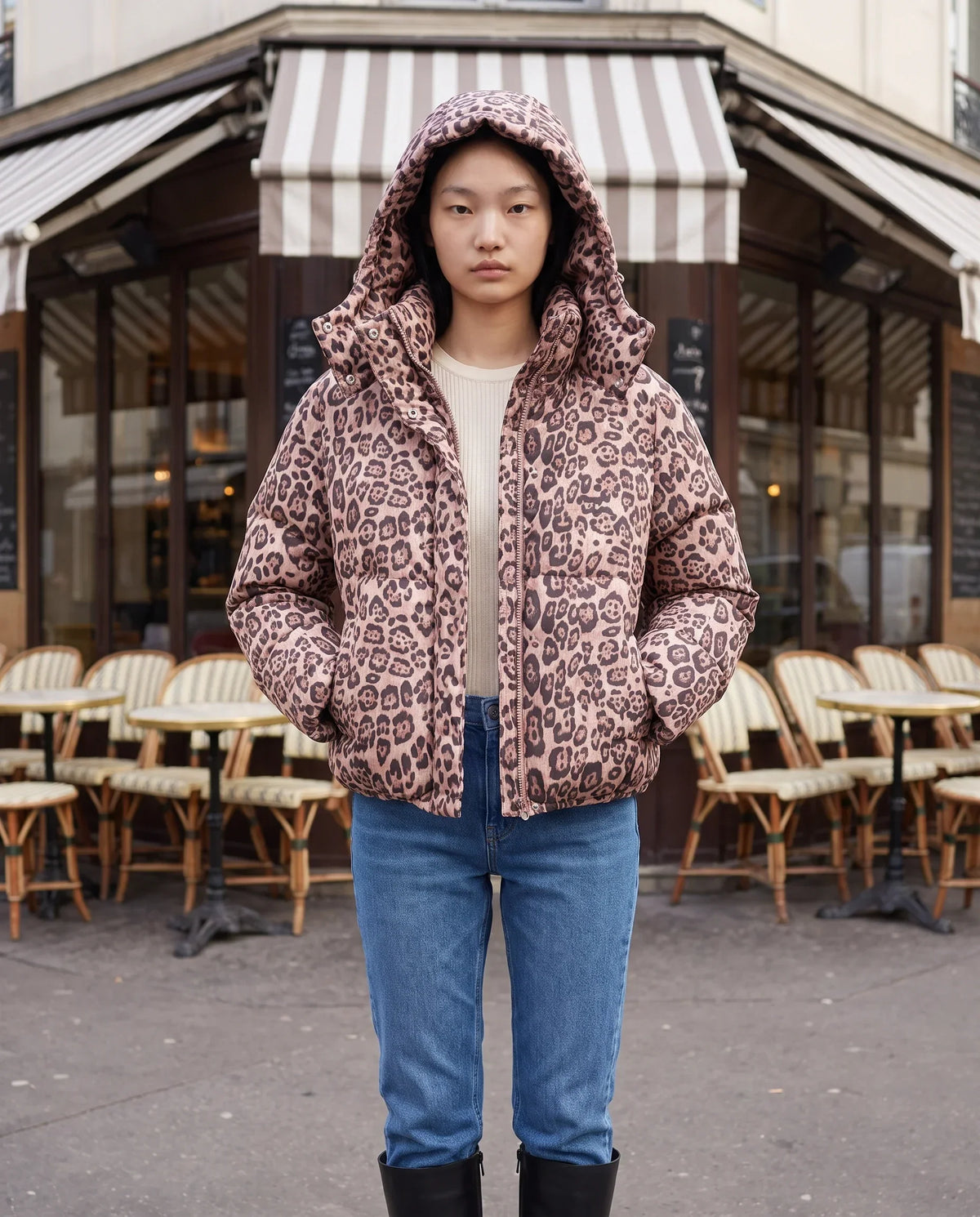Short Oversized Leopard Puffer Jacket with Detachable Hood