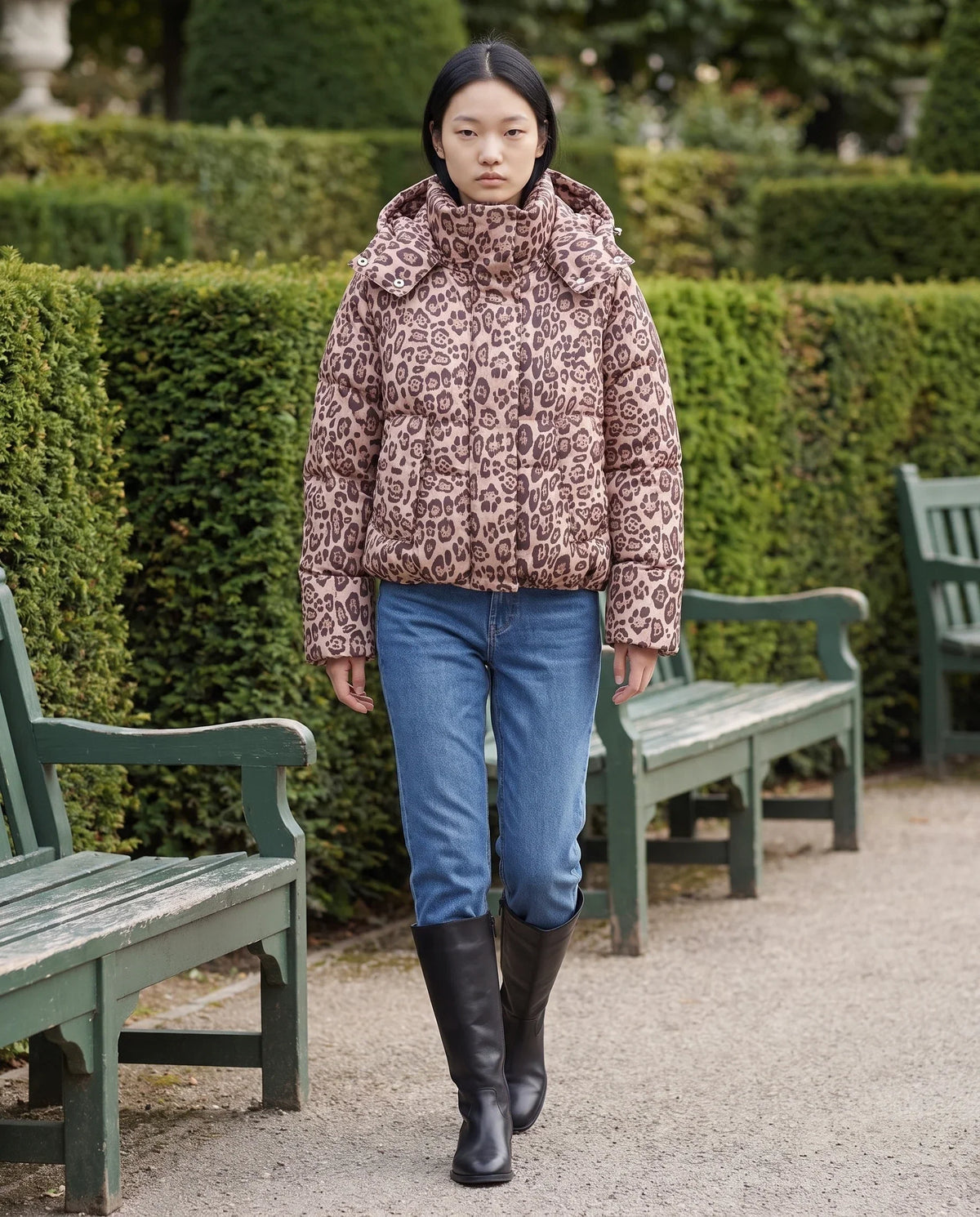 Short Oversized Leopard Puffer Jacket with Detachable Hood