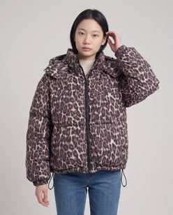 Short Oversized Leopard Puffer Jacket with Detachable Hood