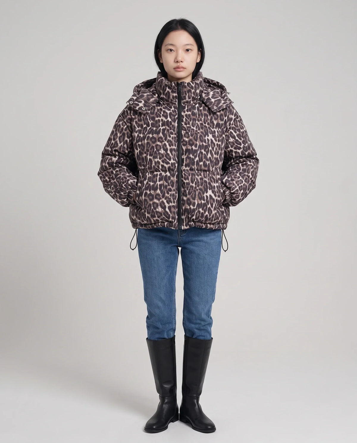 Short Oversized Leopard Puffer Jacket with Detachable Hood