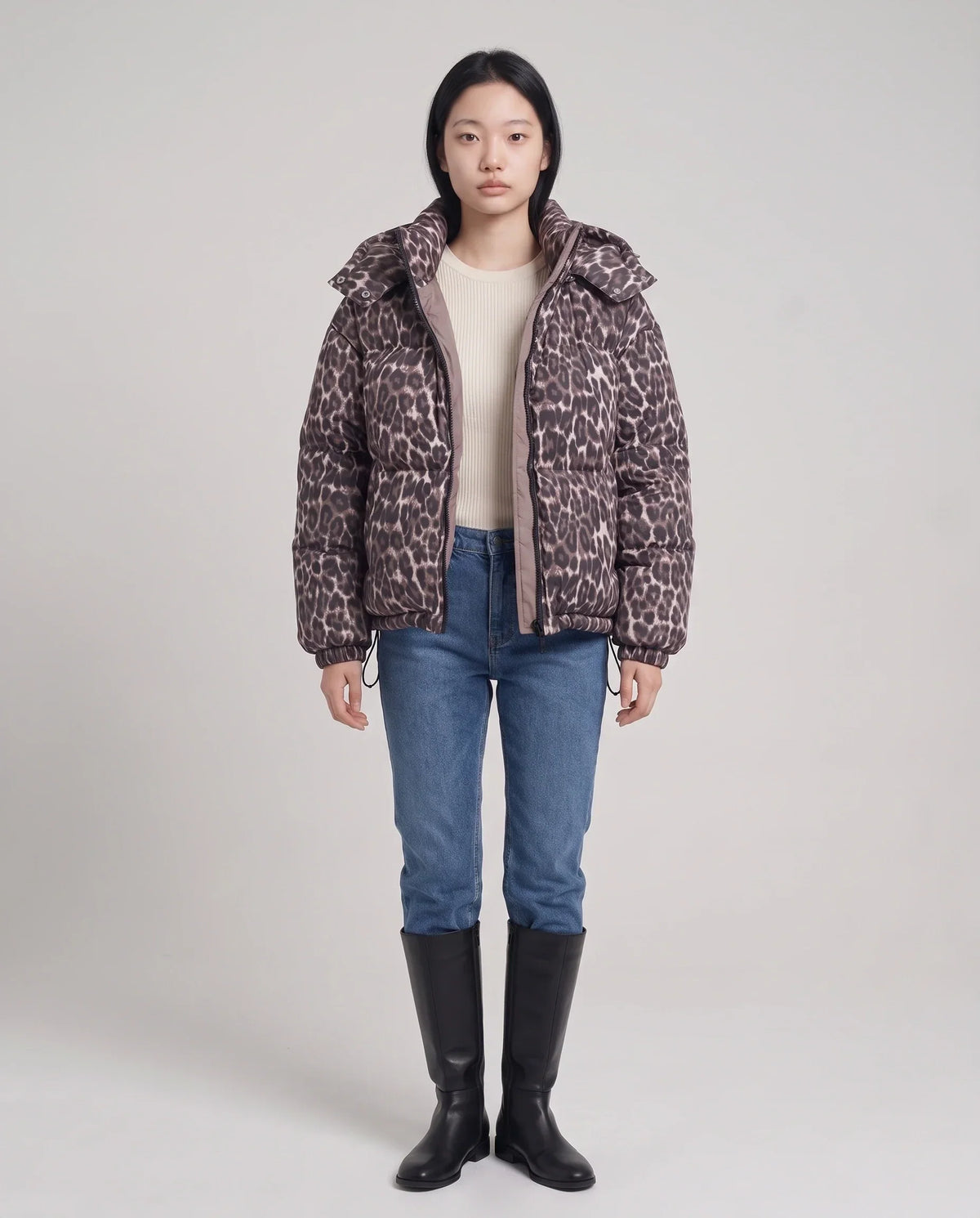 Short Oversized Leopard Puffer Jacket with Detachable Hood
