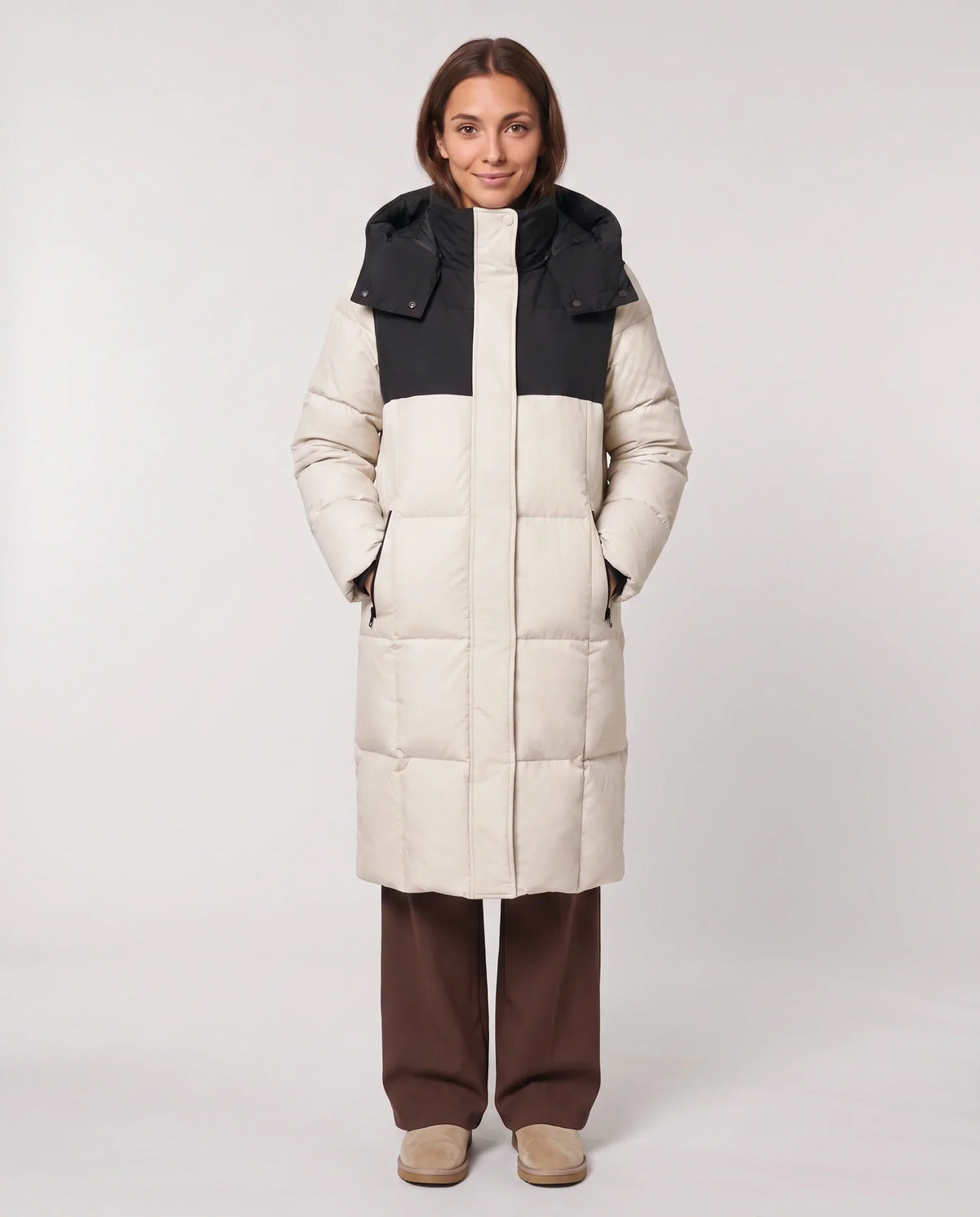 Long Two-Tone Puffer Jacket with Large Squares