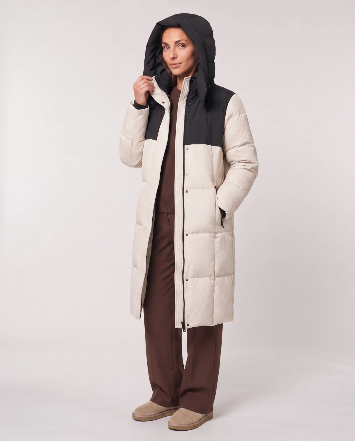 Long Two-Tone Puffer Jacket with Large Squares
